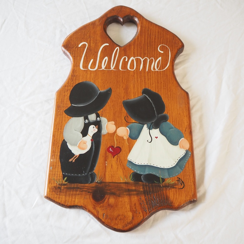 Vintage Hand Painted Wooden Folk Art Welcome Sign Primitive Country Goose Heart